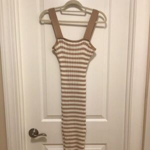 Sleeveless Beige and White Stripe Dress with Square Neck - Size M - Never Worn